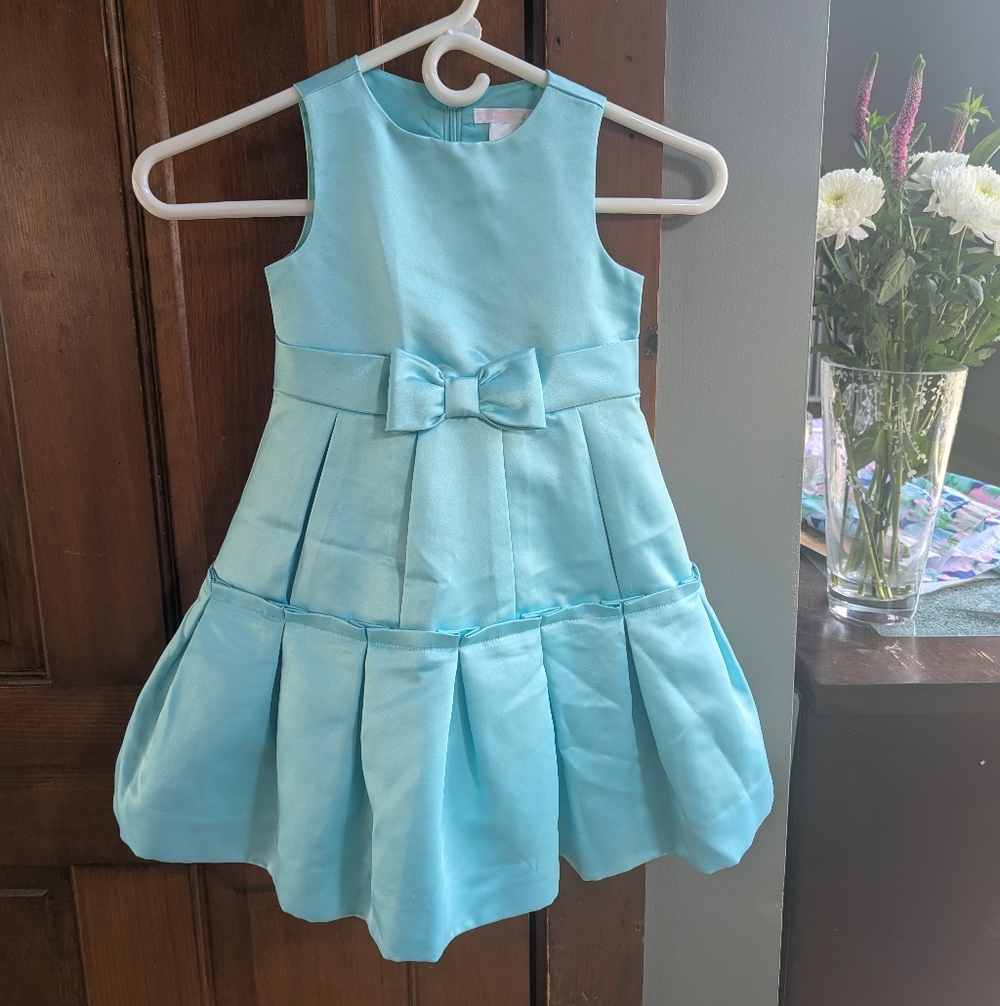 Aqua Blue Turquoise Pleated Satin Dress w Bow